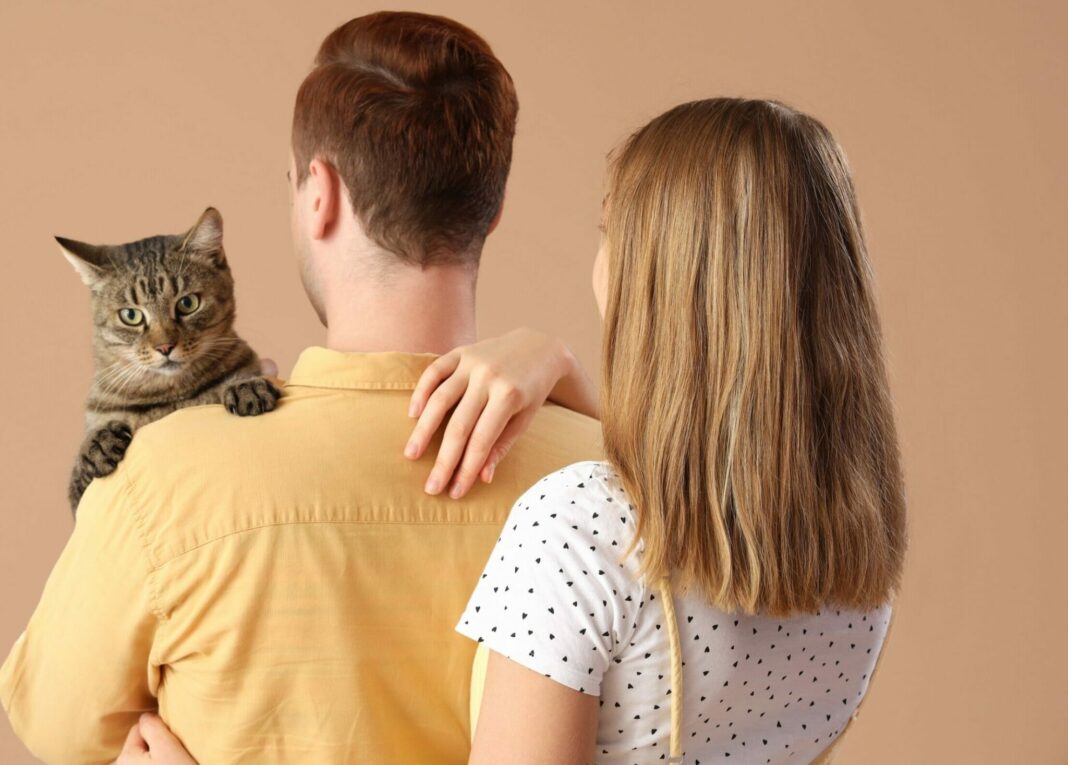 Young,Couple,With,Cute,Cat,On,Beige,Background,,Back,View