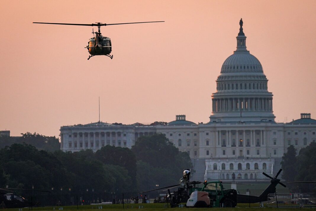 Military helicopters to be used in the U.S. Army's 250th Birthday Celebration and Parade, land on the National Mall